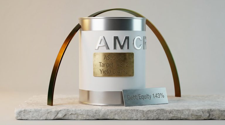 Amcor packaging canister with A$55.25 price, A$72 target, and 6.47% yield figures in Amcor share analysis