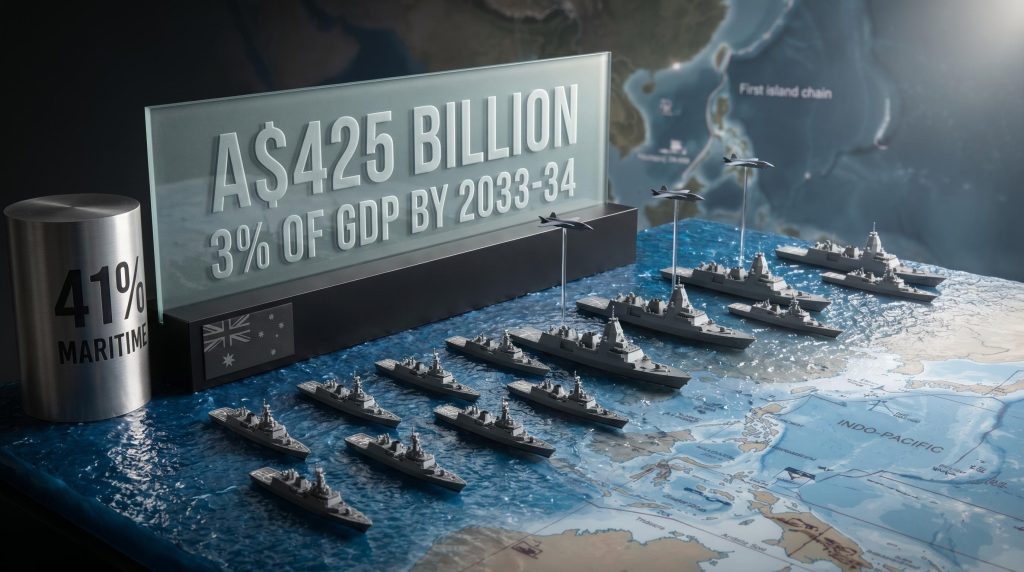 Australian naval fleet expansion with A$425 billion defense spending commitment etched on glass above warship formation