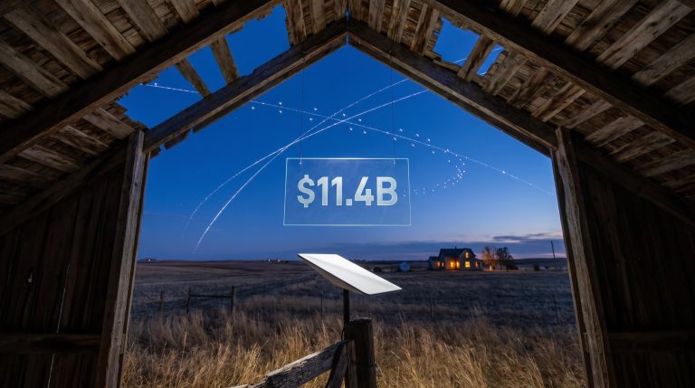 Starlink dish on rural fence post beneath satellite-dotted dusk sky with $11.4B revenue figure, illustrating Starlink business model