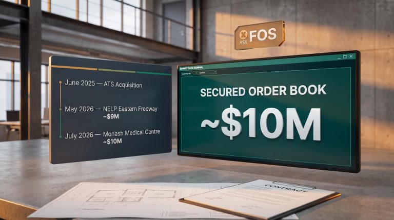 FOS Capital ASX order book terminal showing $10M secured contracts across ATS and FOS Lighting subsidiaries