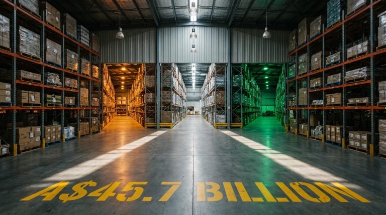 Vast Bunnings-style warehouse aisle branching into coloured corridors with A$45.7 billion floor stencil — Wesfarmers business model
