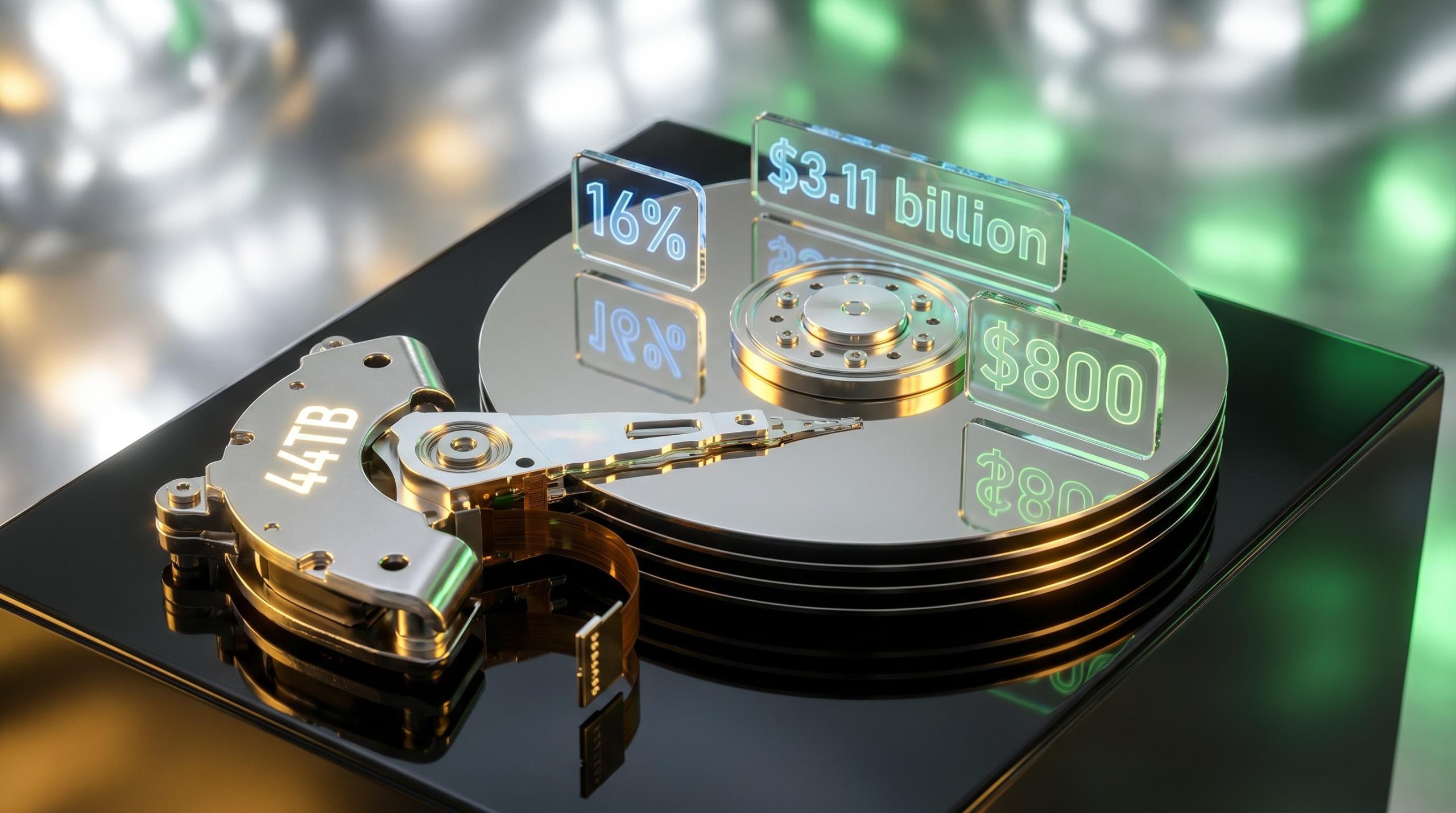 Seagate 44TB hard drive reflecting a $800 projection, illustrating the surging Seagate stock price target and $3.11B revenue
