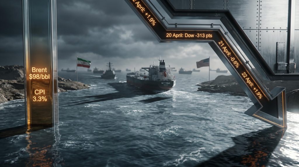 Strait of Hormuz with plunging steel market chart showing Dow volatility as oil tanker M/T Tifani halts amid blockade