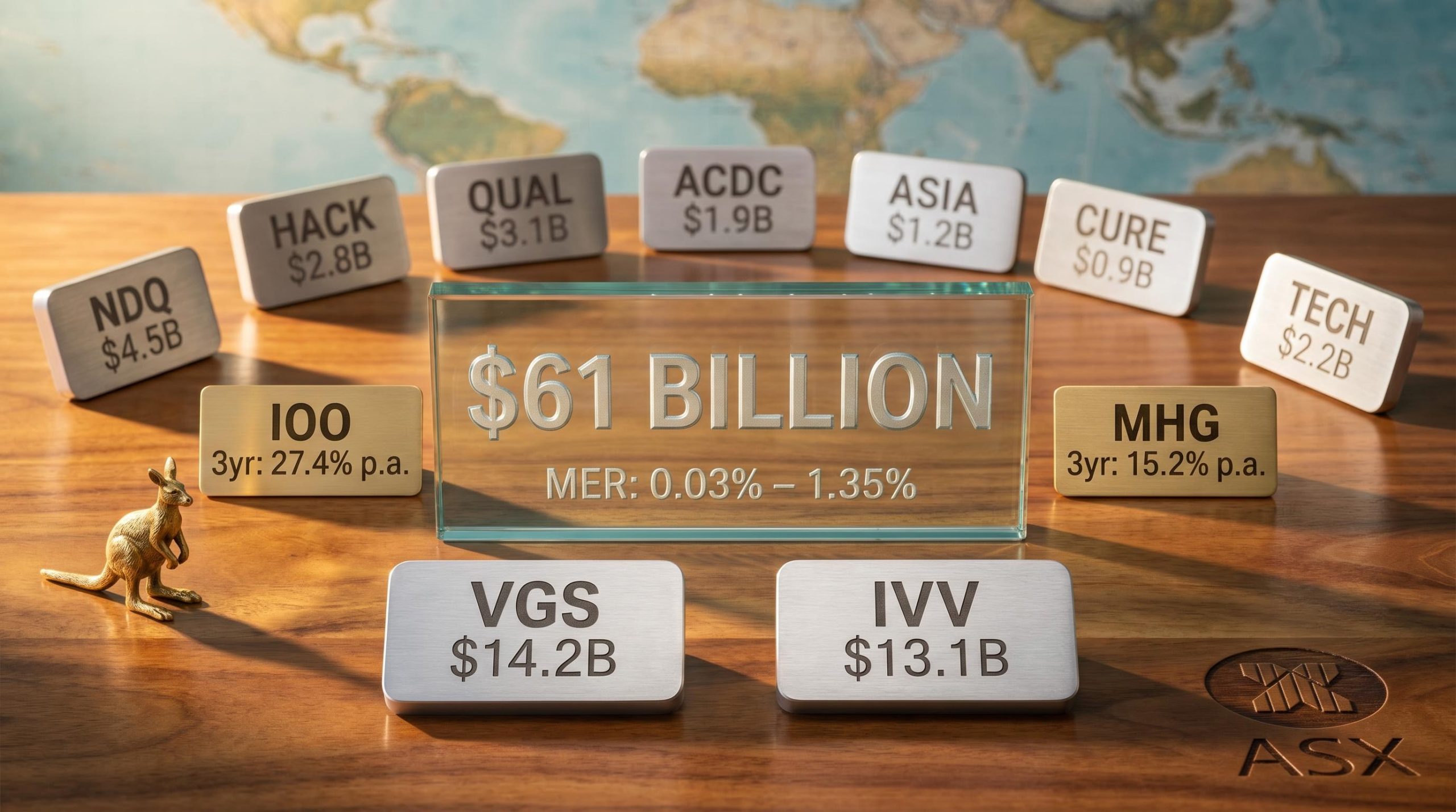 12 ASX global share ETF ticker plaques showing VGS $14.2B and IVV $13.1B with $61 billion total AUM