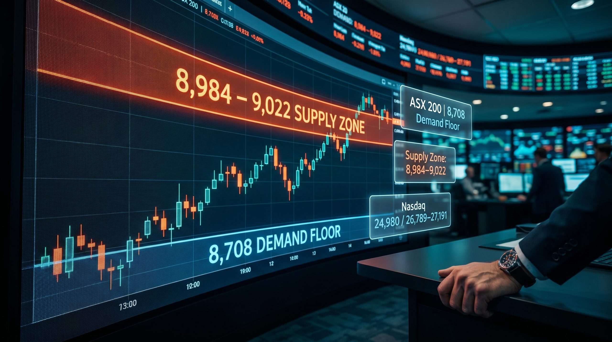 ASX 200 chart testing 8,984–9,022 supply zone with 8,708 demand floor marked in technical analysis setup