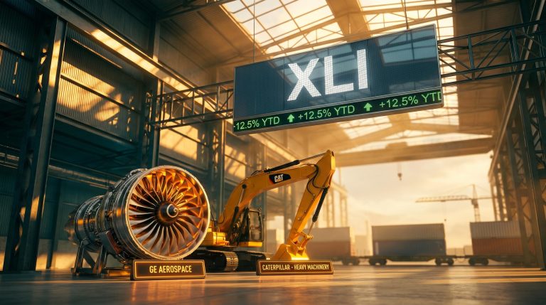 Caterpillar excavator and jet turbine inside industrial hangar with XLI ETF sign — how to invest in industrial sector
