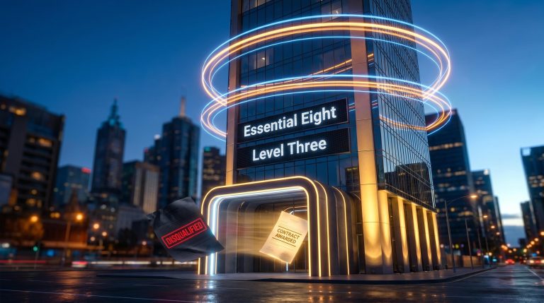 Hubify HFY cyber security stocks ASX — fortified tower with Essential Eight Level Three credential and contract gate