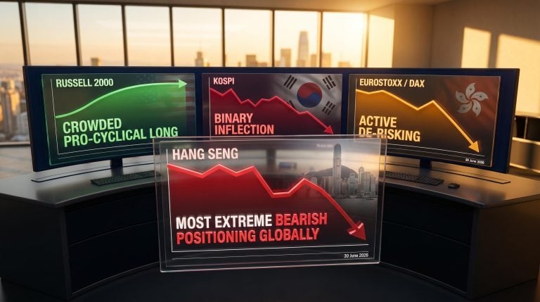 Global equity positioning map showing Hang Seng extreme short, KOSPI binary risk, and Russell 2000 crowded long on terminal screens