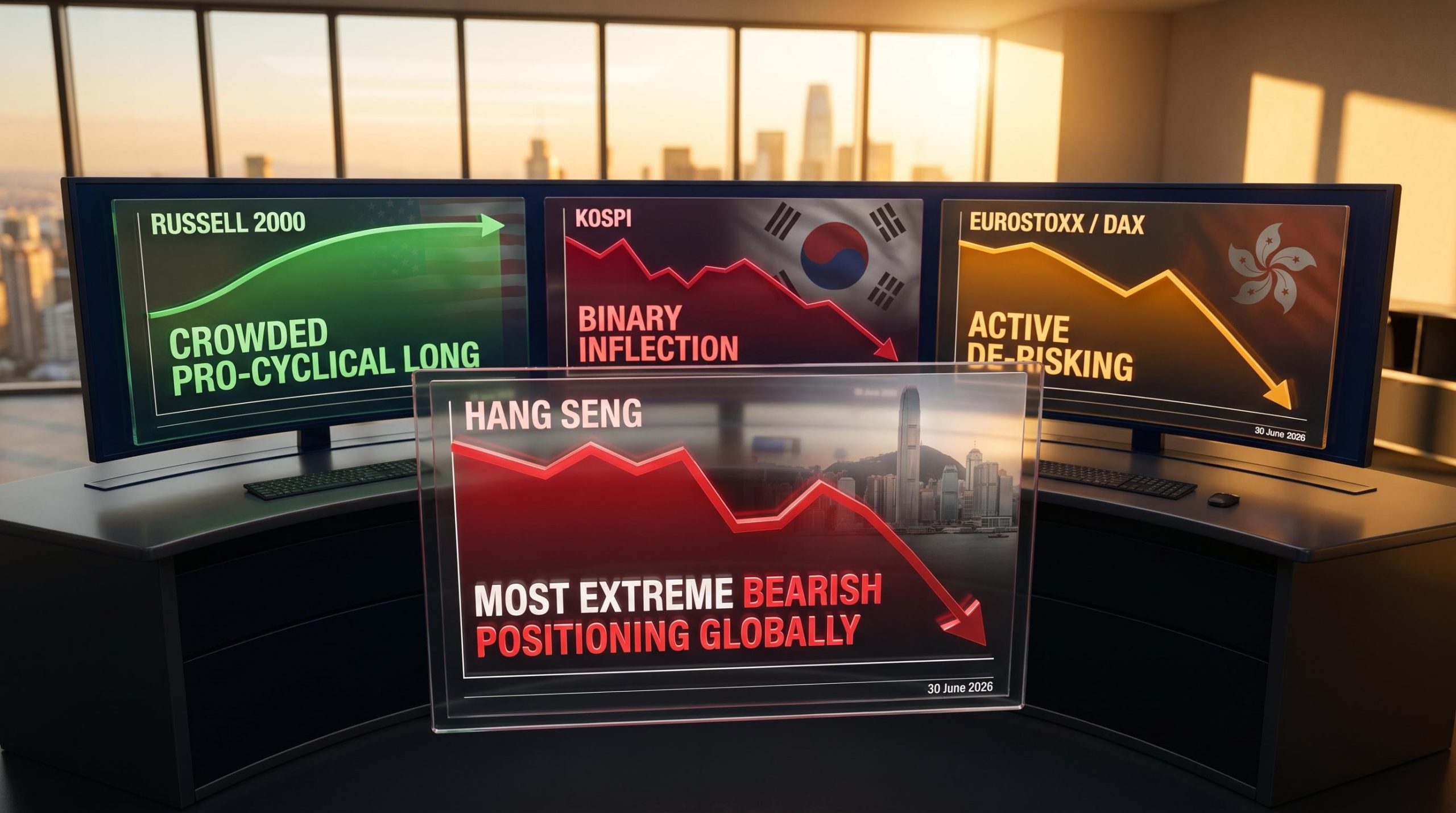 Global equity positioning map showing Hang Seng extreme short, KOSPI binary risk, and Russell 2000 crowded long on terminal screens