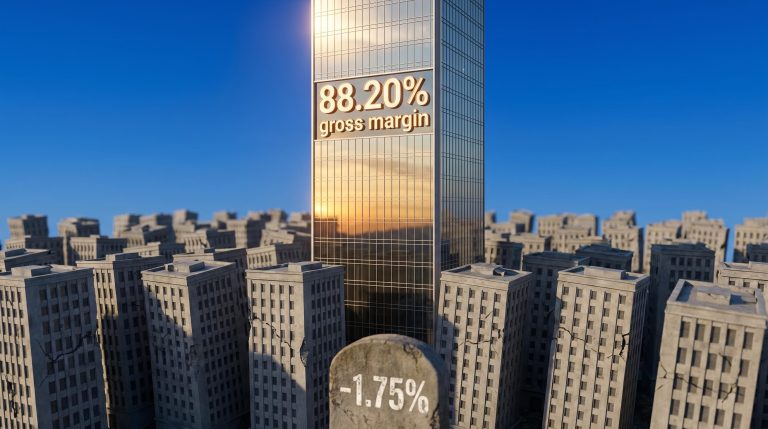 Single rising glass tower with 88.20% gross margin etched on facade among declining structures, illustrating ASX tech share economics