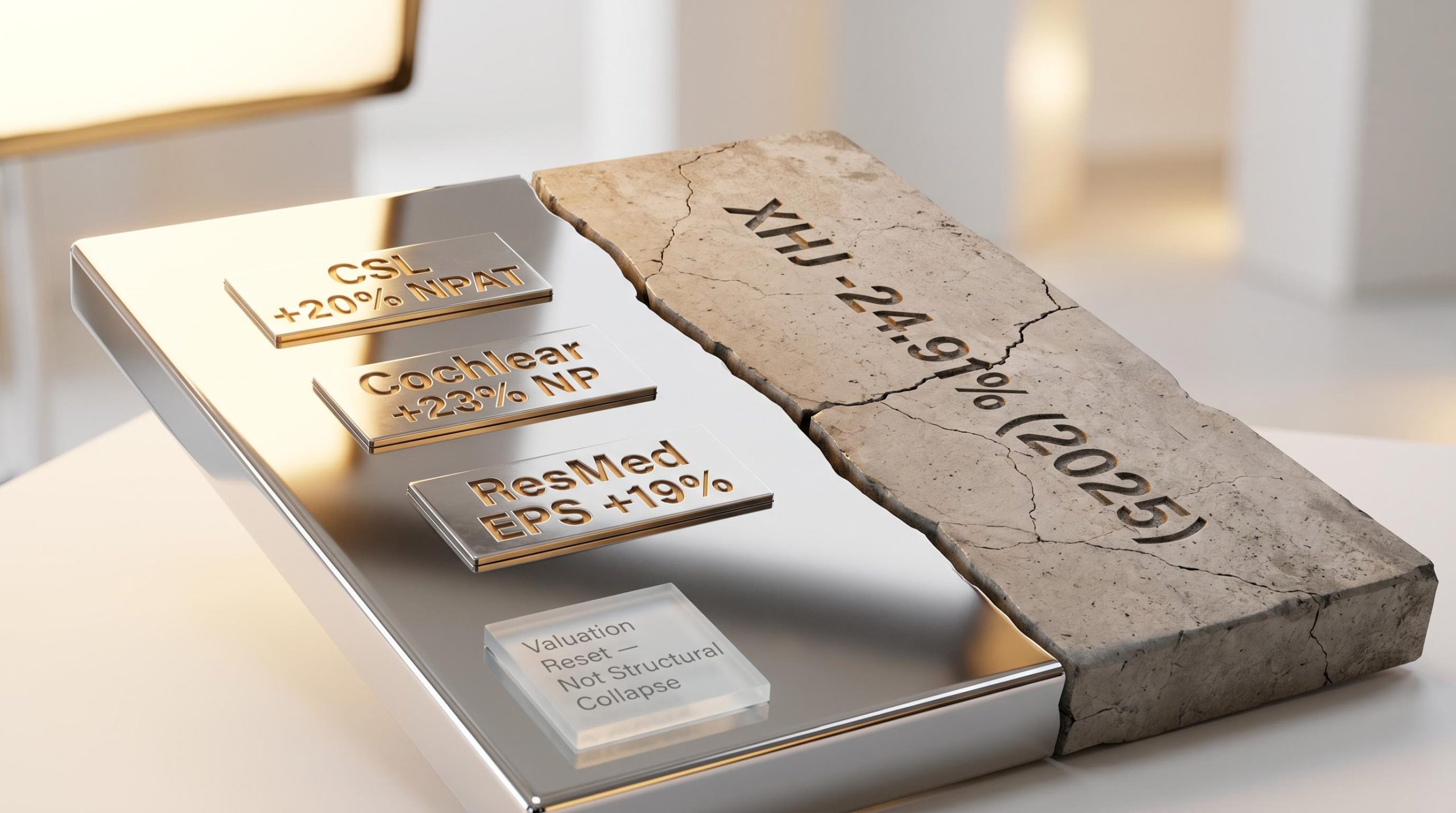 ASX healthcare stocks split: CSL, Cochlear and ResMed chrome plaques contrast cracked concrete etched XHJ -24.91%