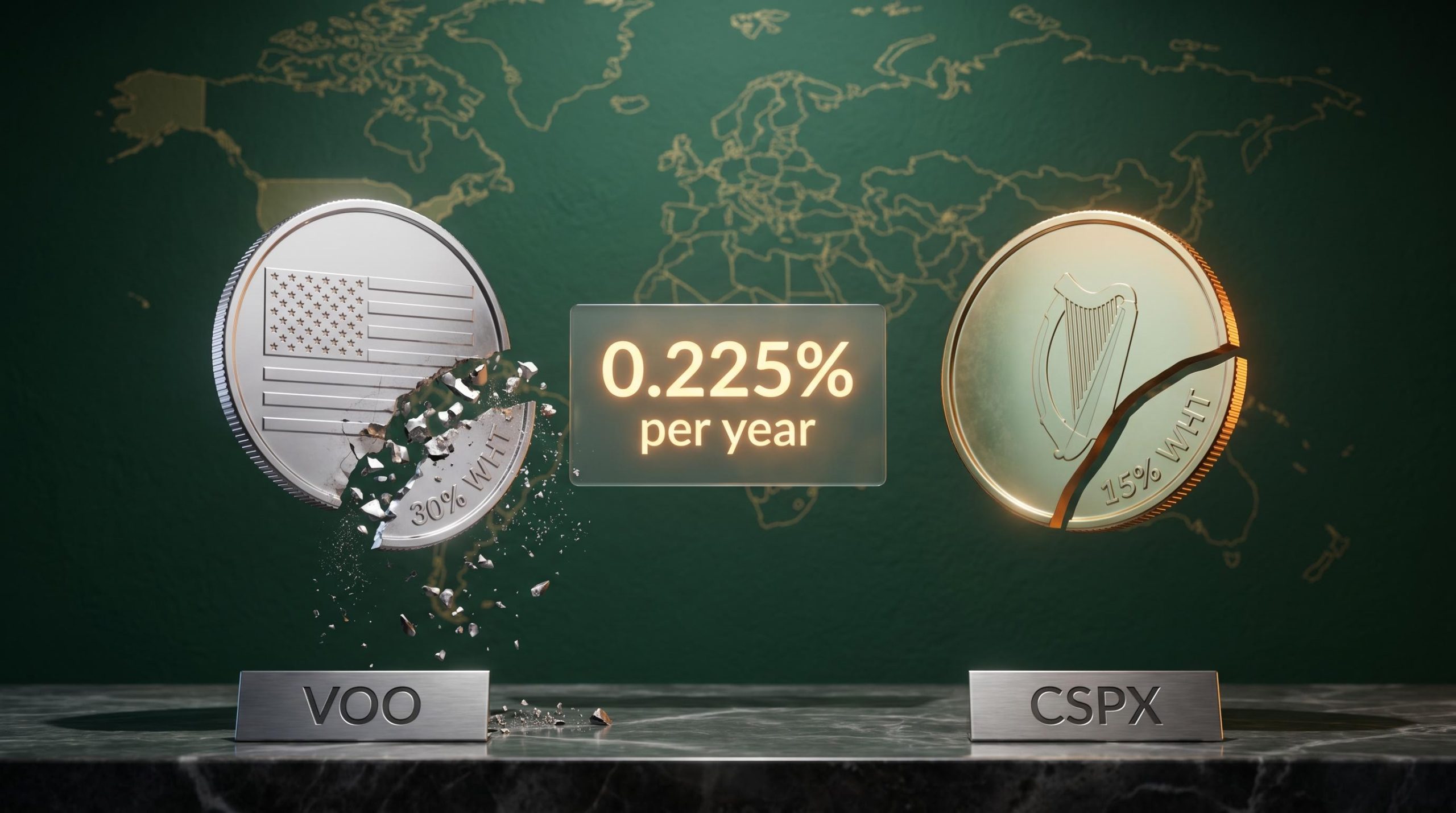 VOO vs CSPX dividend withholding tax gap showing 0.225% annual drag for non-US S