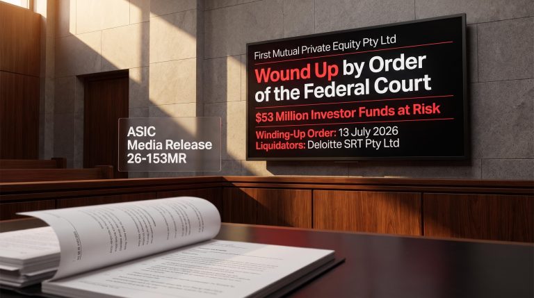 Federal Court winding-up order screen showing First Mutual Private Equity $53 million investor funds and Deloitte liquidator appointment