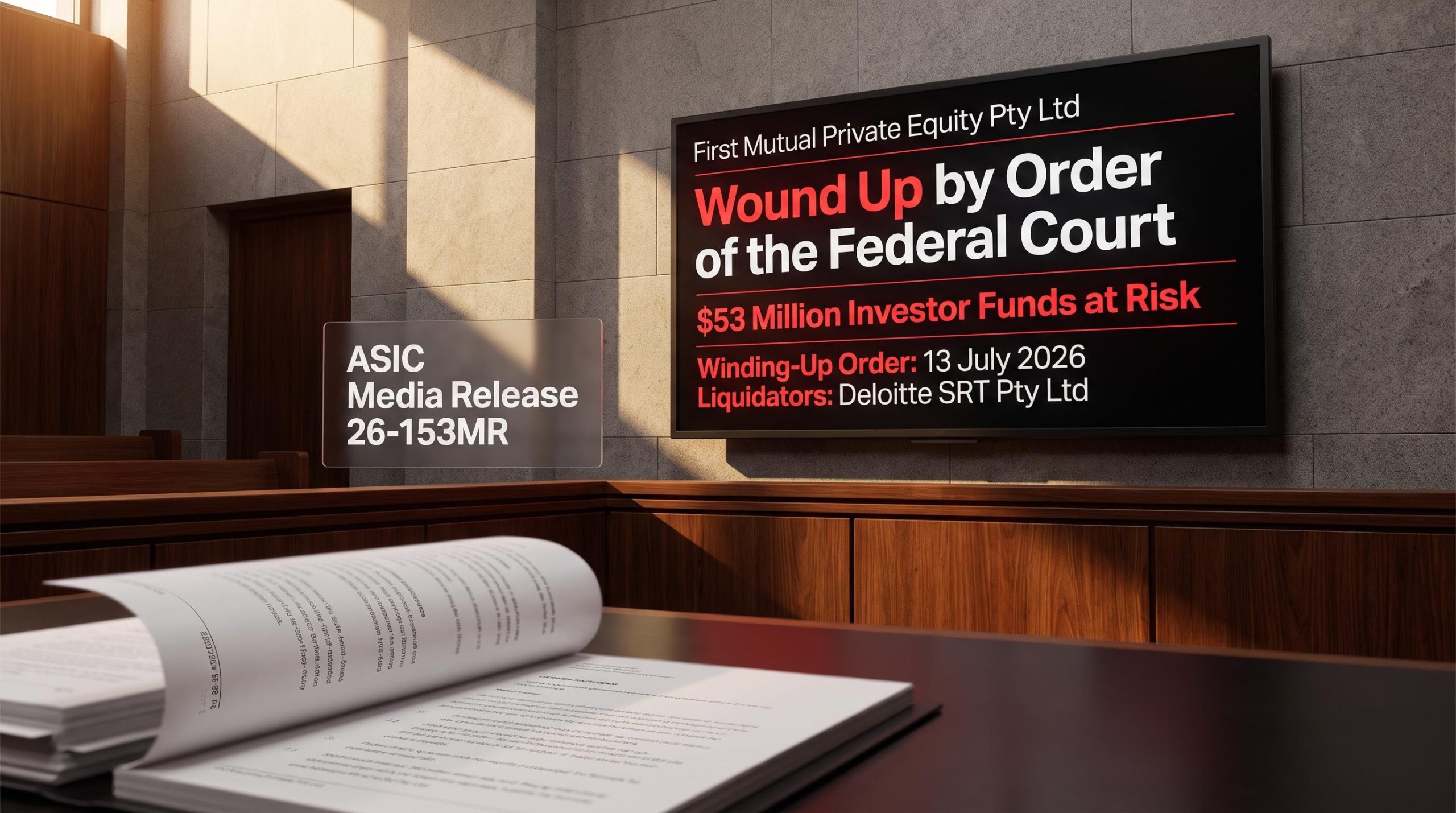 Federal Court winding-up order screen showing First Mutual Private Equity $53 million investor funds and Deloitte liquidator appointment