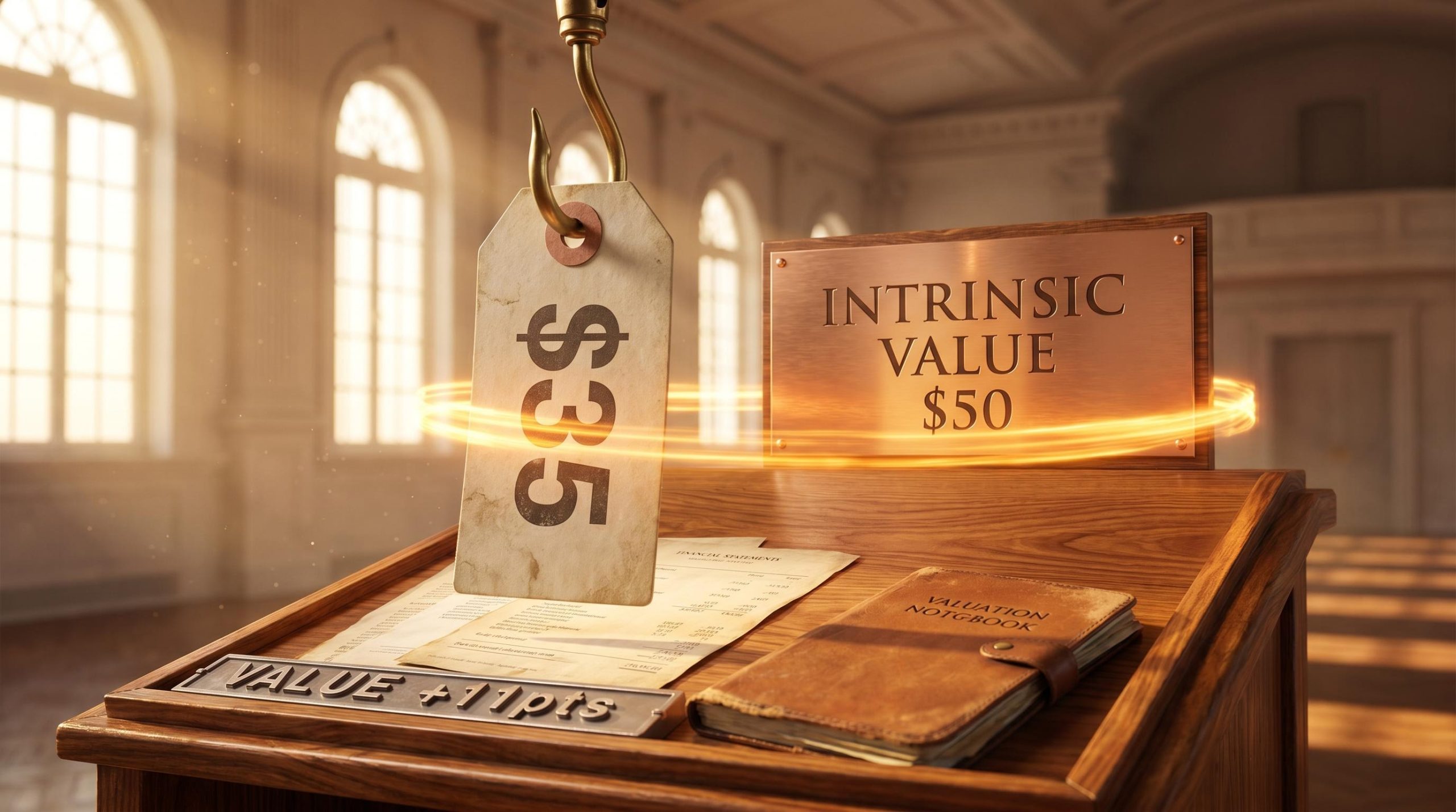 Value investing margin of safety visualised: $35 price tag against $50 intrinsic value in sunlit auction hall