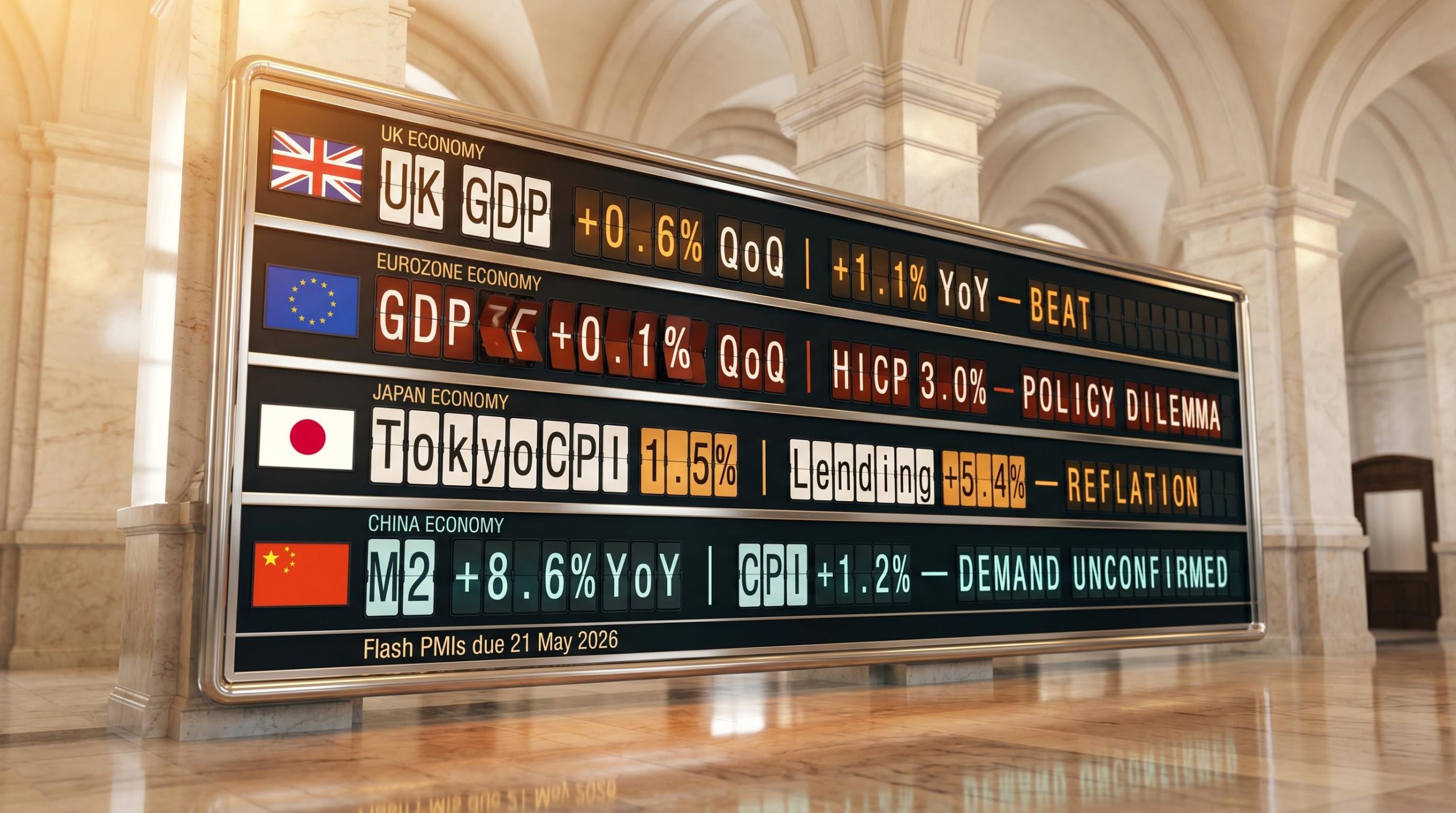 Split-flap board shows diverging global economic outlook: UK GDP 0.6%, eurozone HICP 3.0%, China M2 8.6%