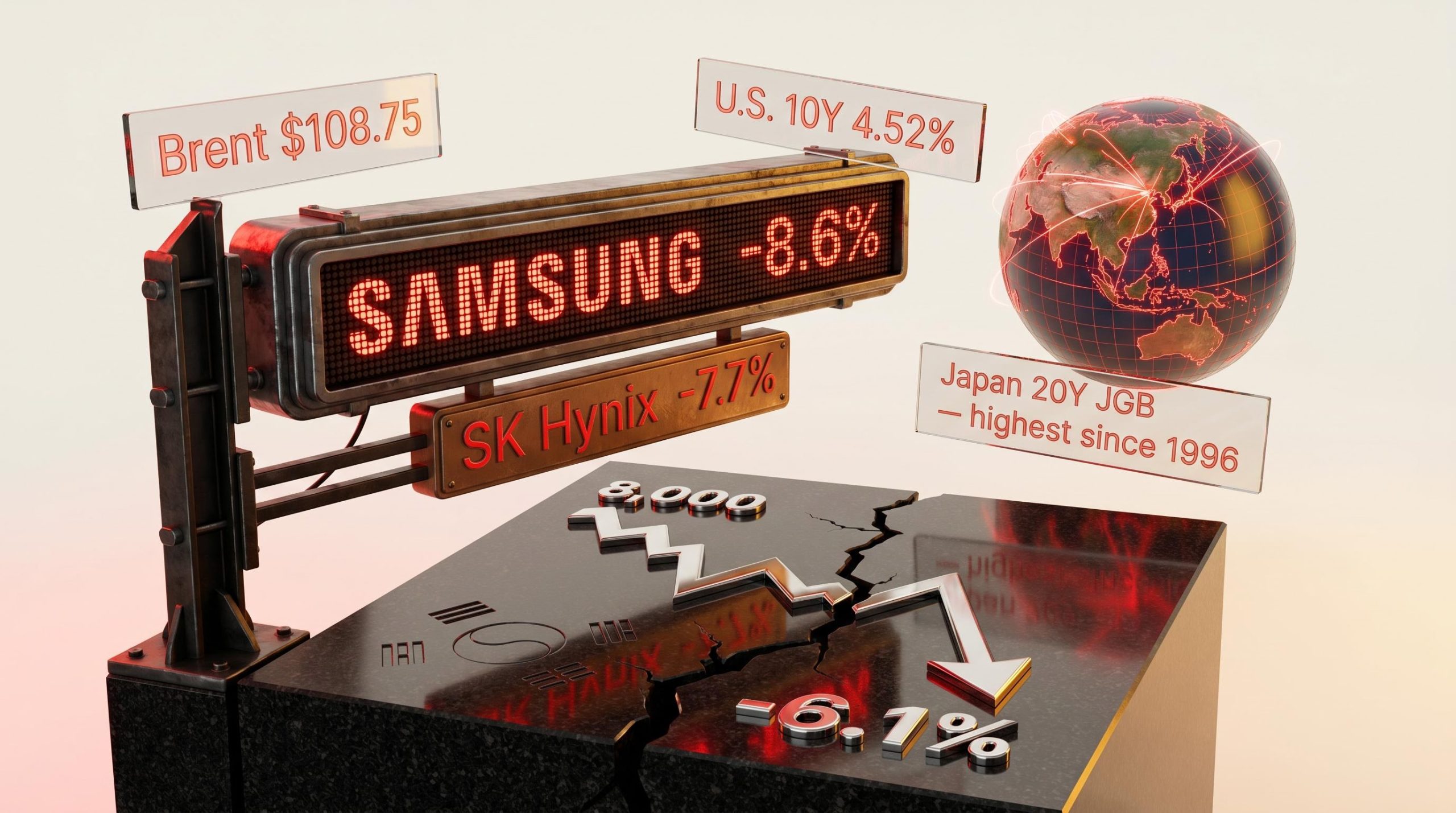 Samsung and SK Hynix lead a global market selloff on 15 May 2026, with KOSPI dropping 6.1% and bonds falling together