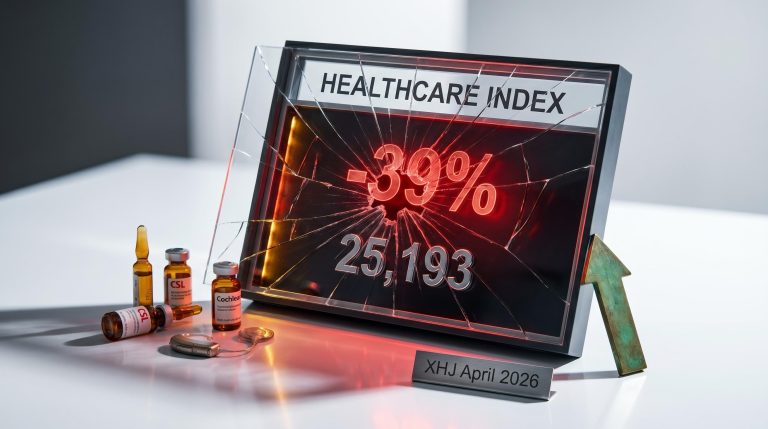 ASX healthcare sector index board cracked at -39%, with CSL -51.56% vials and lone Ramsay 18% brass arrow