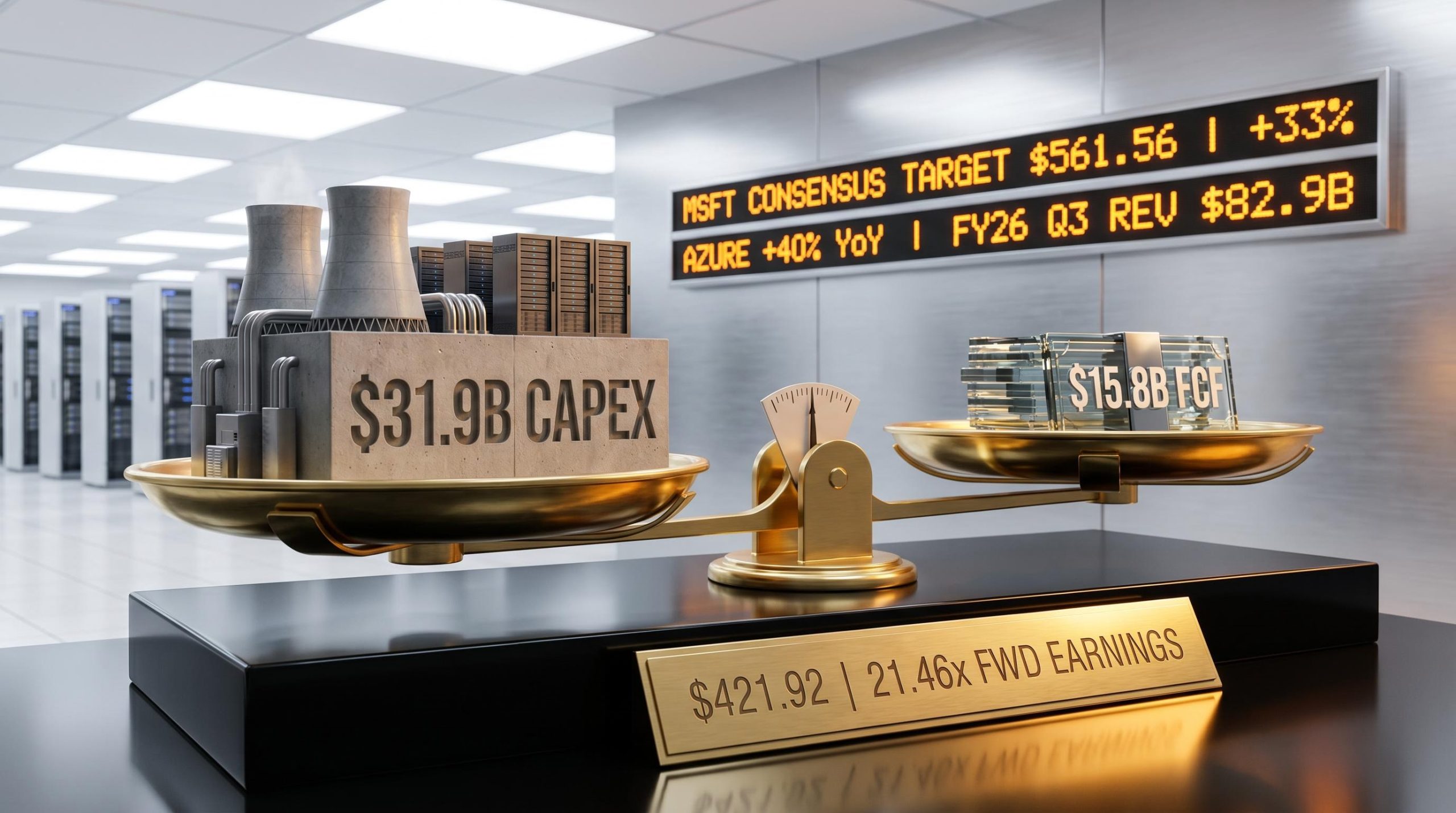 Microsoft stock analysis: $31.9B capex vs $15.8B FCF on a brass scale, with $421.92 price and $561.56 consensus target