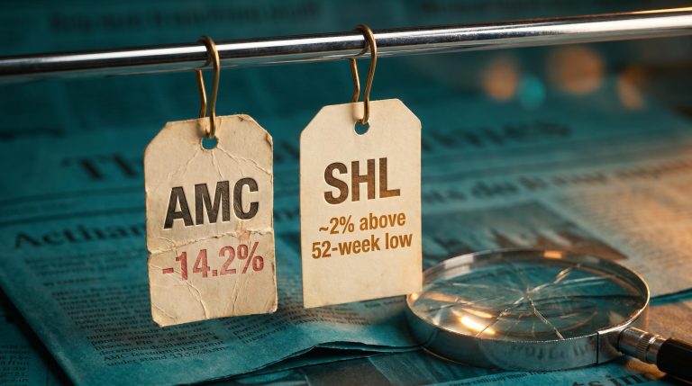 AMC and SHL price tags with valuation discounts on a financial newspaper backdrop — undervalued ASX shares analysis