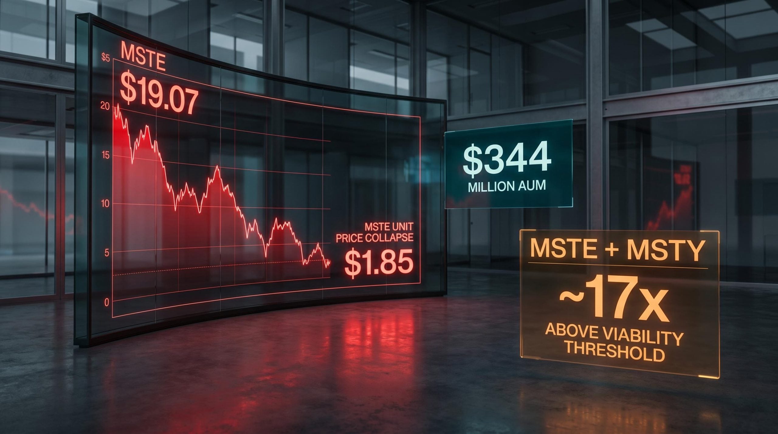 MSTE price chart collapsing from $19 to $1.85 alongside $344M AUM panel — Harvest MicroStrategy ETF viability