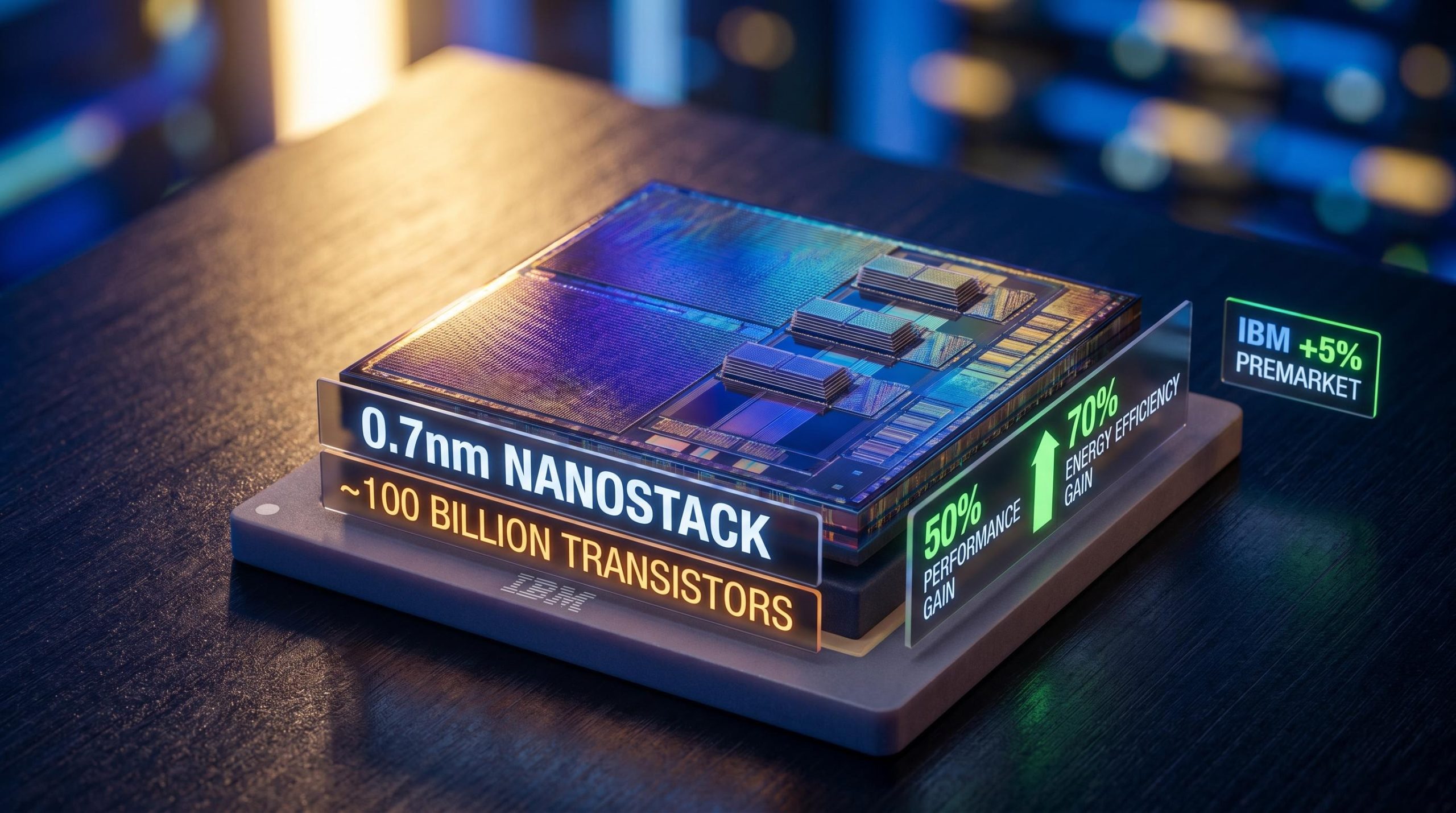 IBM 0.7nm nanostack chip close-up with 100 billion transistors and 5% premarket stock surge data overlays