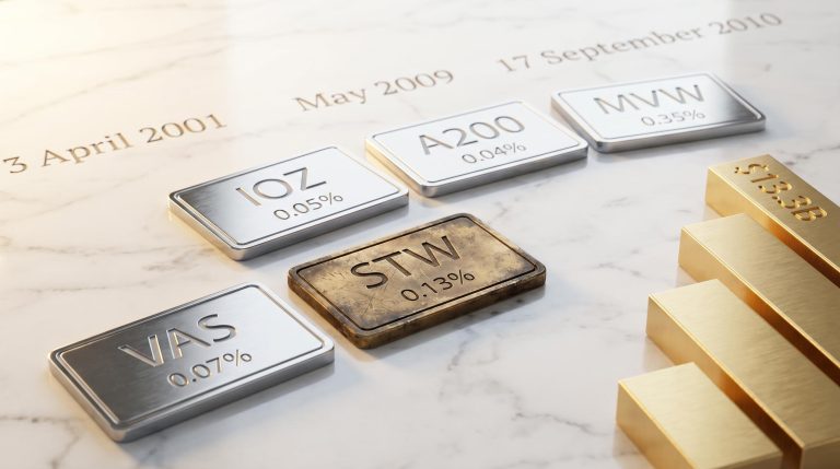 VAS, STW, A200, IOZ and MVW fund plaques on marble with MERs and $13.3B inflow figure — best Australian share ETFs