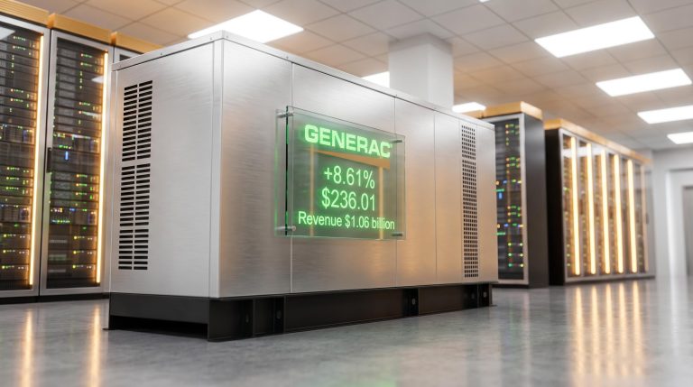 Generac earnings data and share price surge of 8.61% displayed on a high-tech data centre backup generator system.