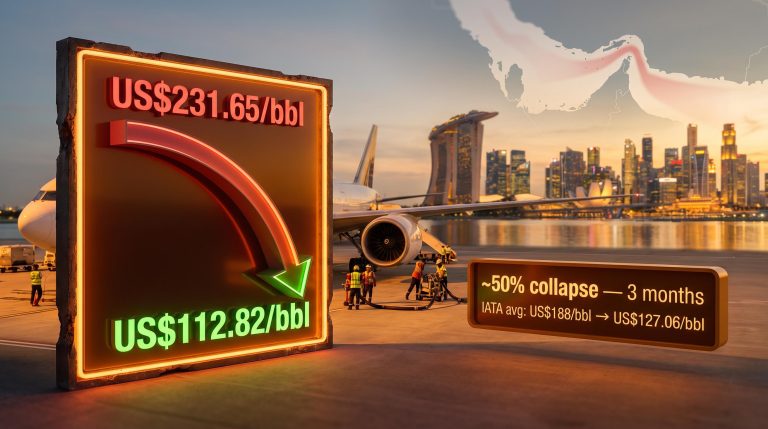 Singapore jet fuel price collapse from US$231.65 to US$112.82/bbl shown on tarmac data panel at golden hour