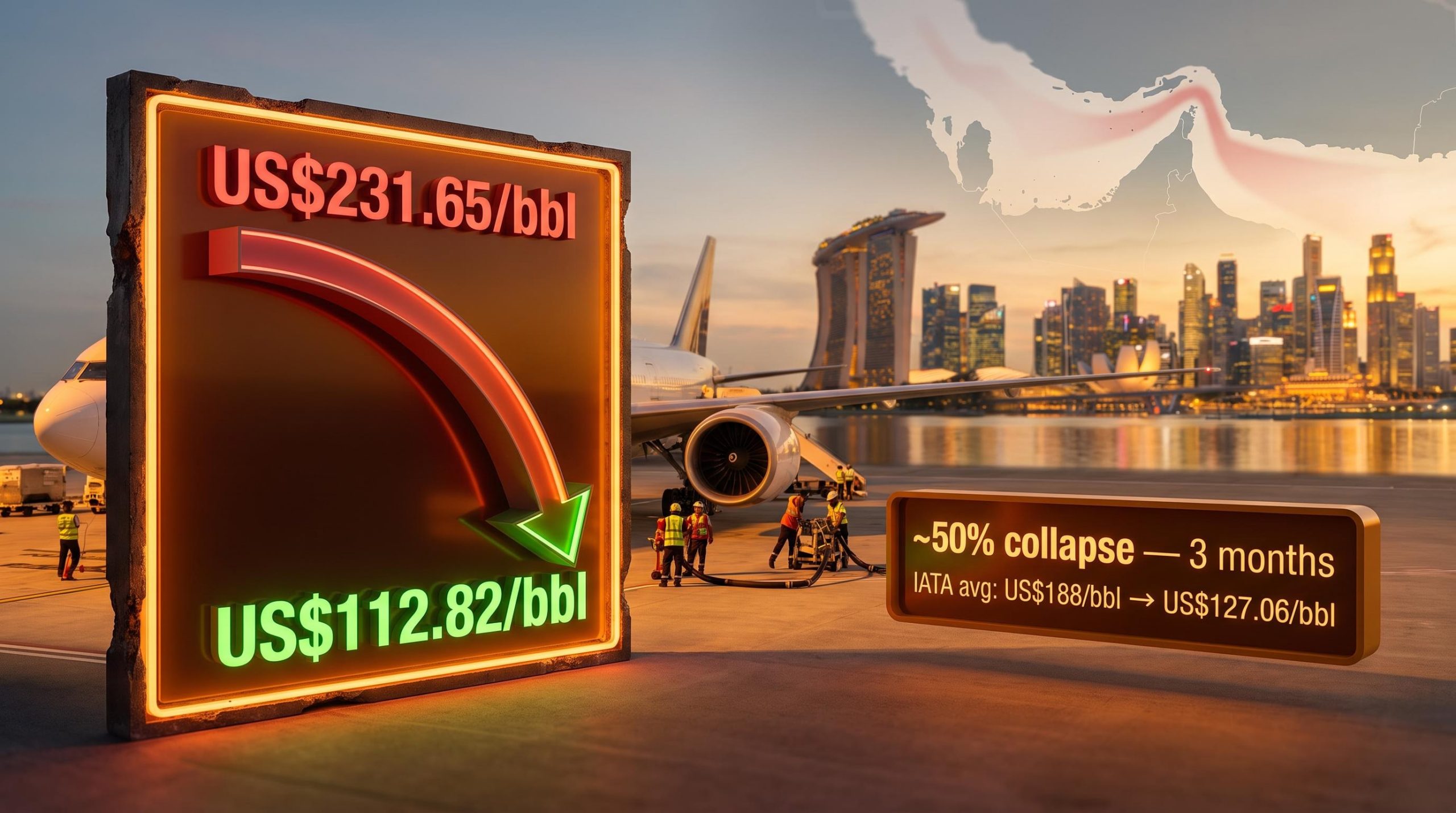 Singapore jet fuel price collapse from US$231.65 to US$112.82/bbl shown on tarmac data panel at golden hour