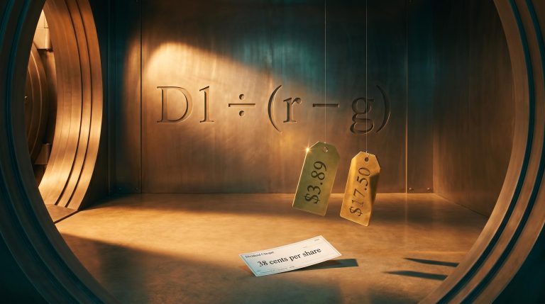BOQ dividend cheque and $3.89–$17.50 price tags inside a vault illustrating the Dividend Discount Model valuation range