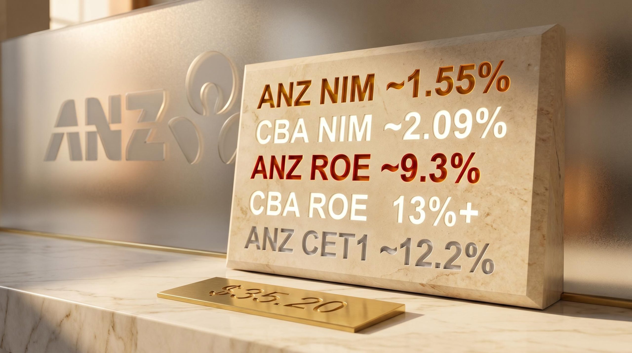 ANZ share analysis scorecard showing NIM ~1.55%, ROE ~9.3% vs CBA peers with $35.20 fair value marker