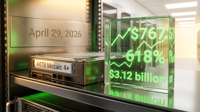 Glass charts showing $767 target and 618% gain for Seagate stock displayed beside a 44TB Mozaic 4 hard drive.