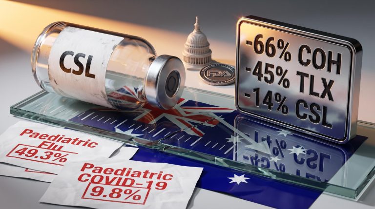 CSL vial on fractured glass with -66% COH and 9.8% vaccine rate data — ASX healthcare stocks sector decline