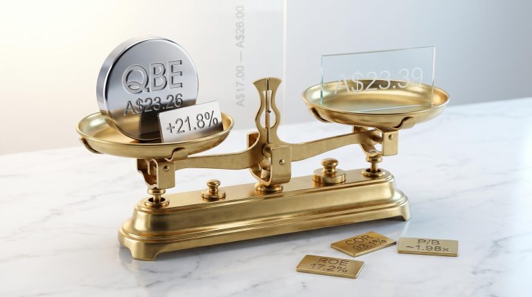 QBE share analysis: precision balance scale showing A$23.26 price against A$23.39 analyst target, nearly level