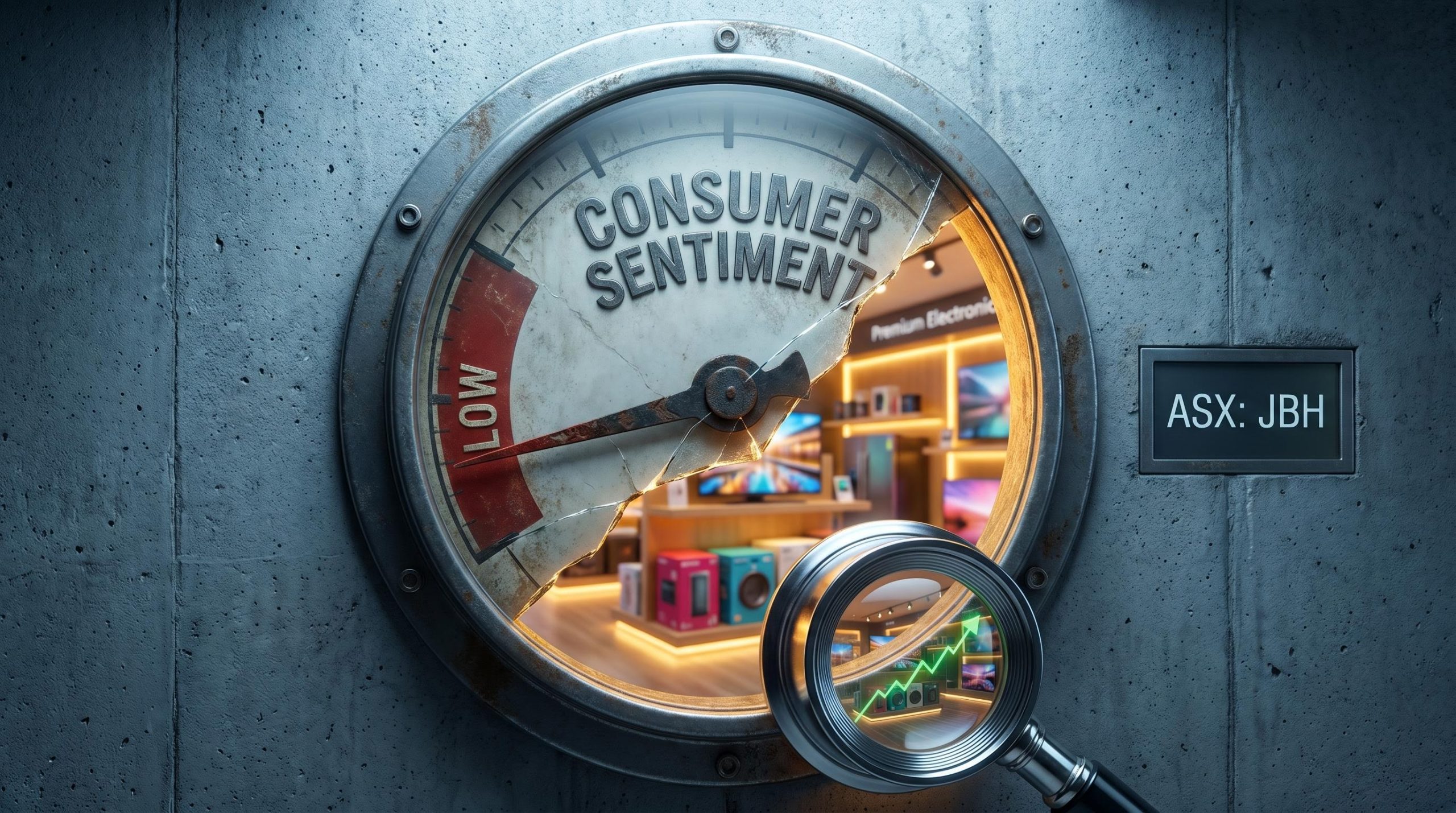 Cracked consumer sentiment gauge revealing warm retail store glow within, with ASX: JBH ticker — contrarian analysis of ASX retail stocks