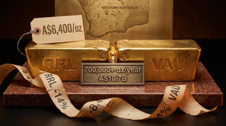 Regis Vault merger gold ingots stamped RRL and VAU showing -14% and -8.4% price drops and A$10.7B deal value