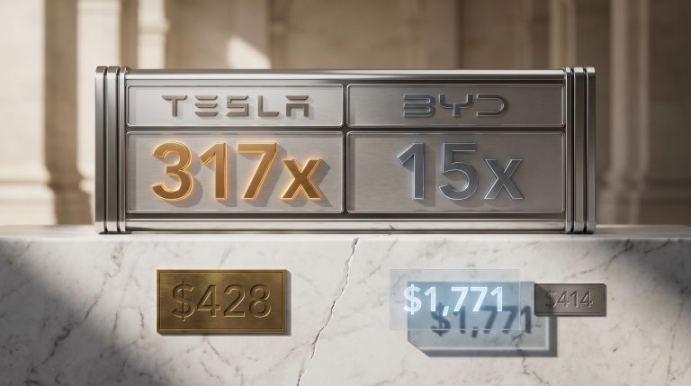 Tesla 317x vs BYD 15x P/E valuation gap shown as chrome ticker board in stock valuation analysis