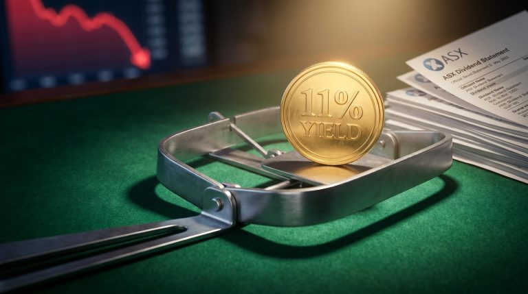 Gold ASX yield coin set as bait on a steel snap-trap, illustrating the dividend trap risk for income investors