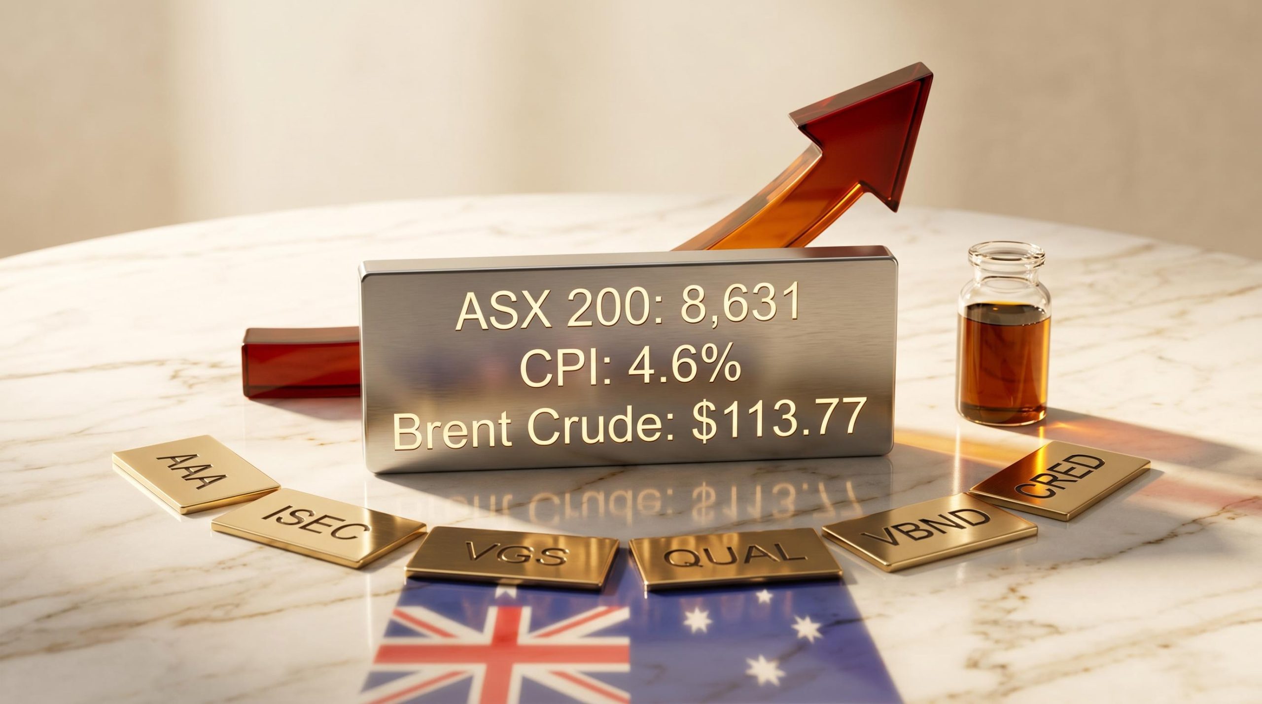 ASX ETF plaques and CPI 4.6% ticker board with Brent crude at $113.77 for investing for inflation Australia