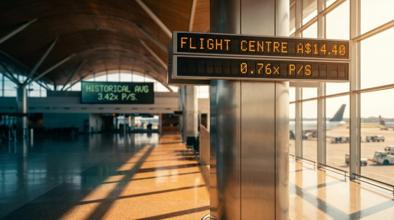 Flight Centre FLT share price A$14.40 shown on airport departures board against 0.76x P/S ratio undervaluation analysis