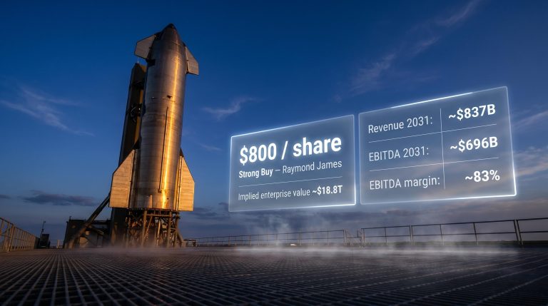 SpaceX Starship on launch pad with $800 price target and $837B revenue 2031 projection panels overlaid