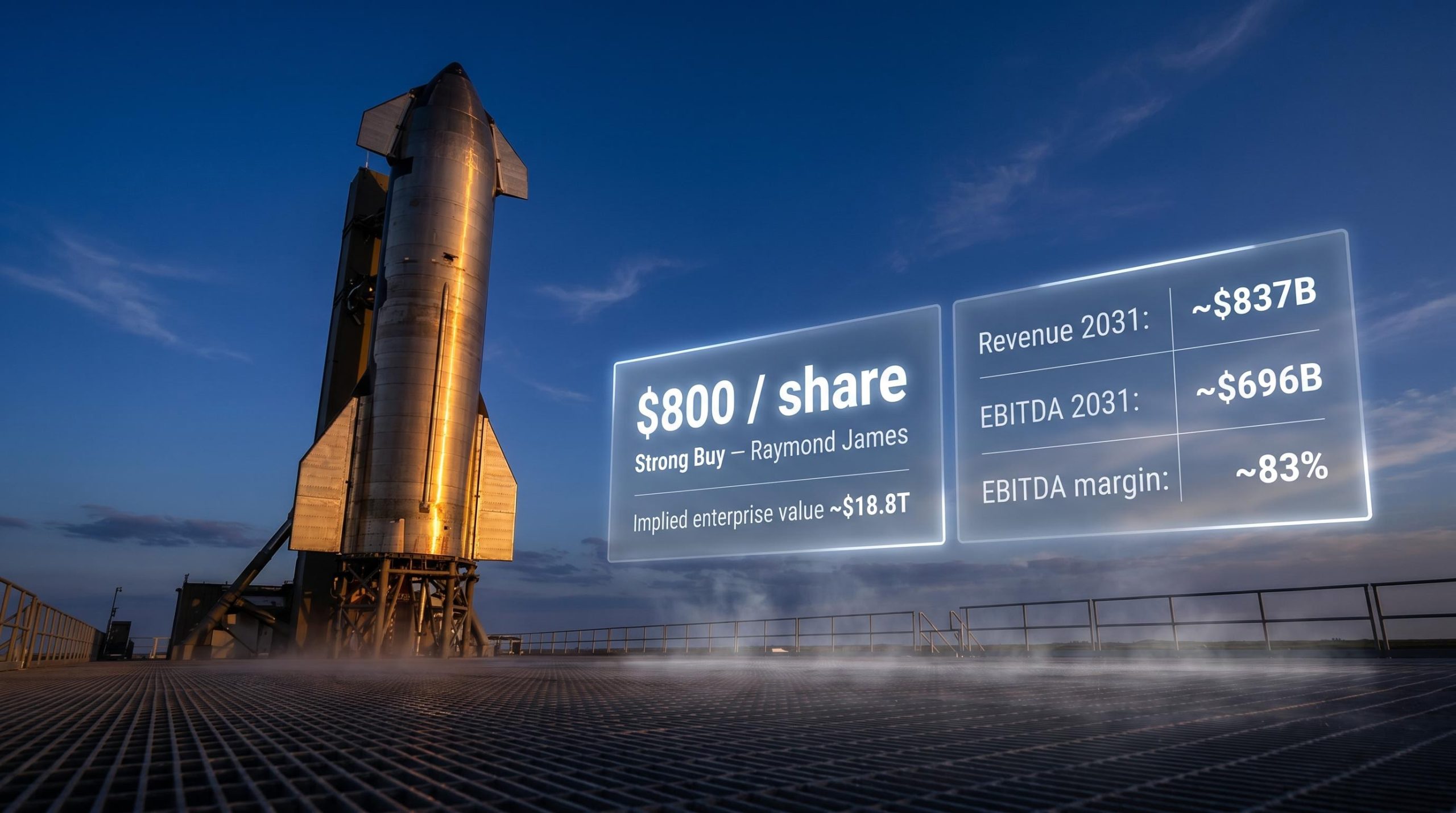 SpaceX Starship on launch pad with $800 price target and $837B revenue 2031 projection panels overlaid