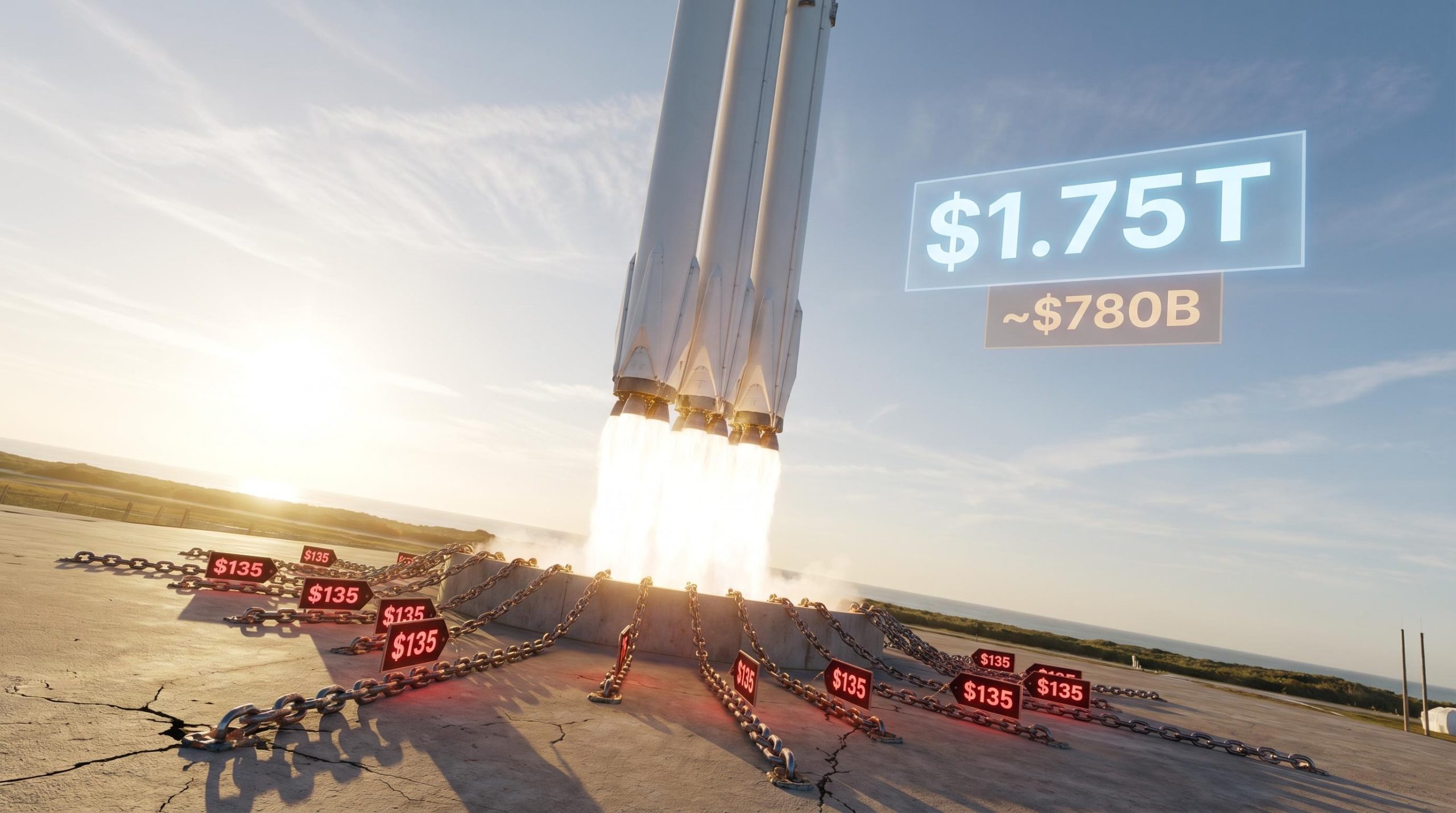 SpaceX Falcon Heavy tethered by chains at $135 IPO price against $1.75T vs $780B valuation gap