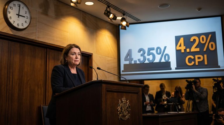 RBA Governor Michele Bullock at podium with 4.35% cash rate and 4.2% CPI displayed behind her