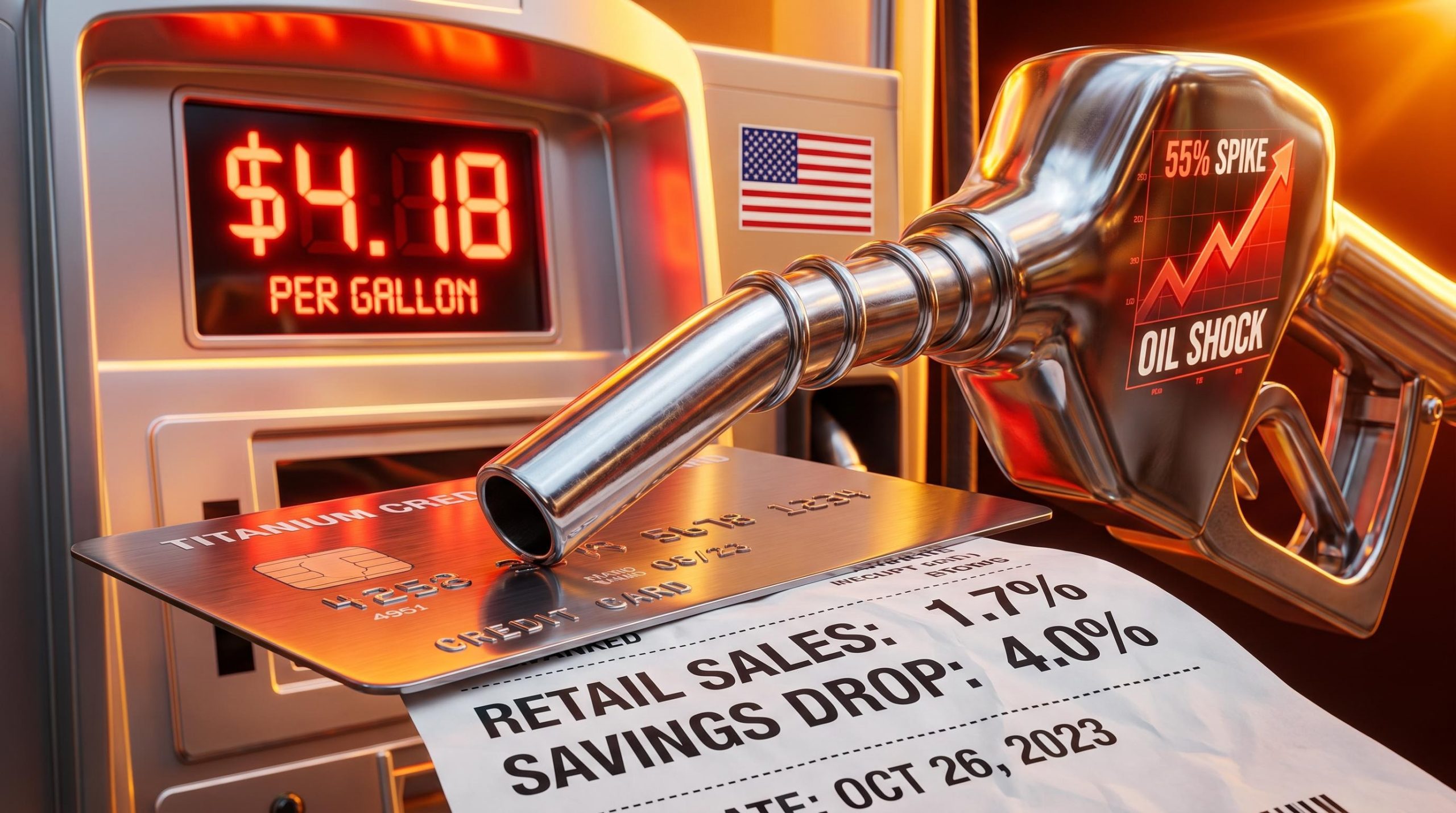 Chrome gas pump nozzle piercing a retail receipt with 1.7% and $4.18 displays, highlighting the US economy outlook.