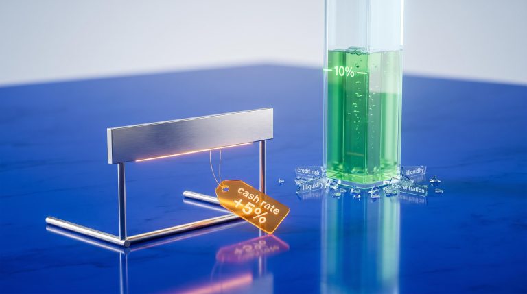 Low steel hurdle bar labelled cash rate 5% beside a towering glass column of 10% returns — investment benchmarks explainer