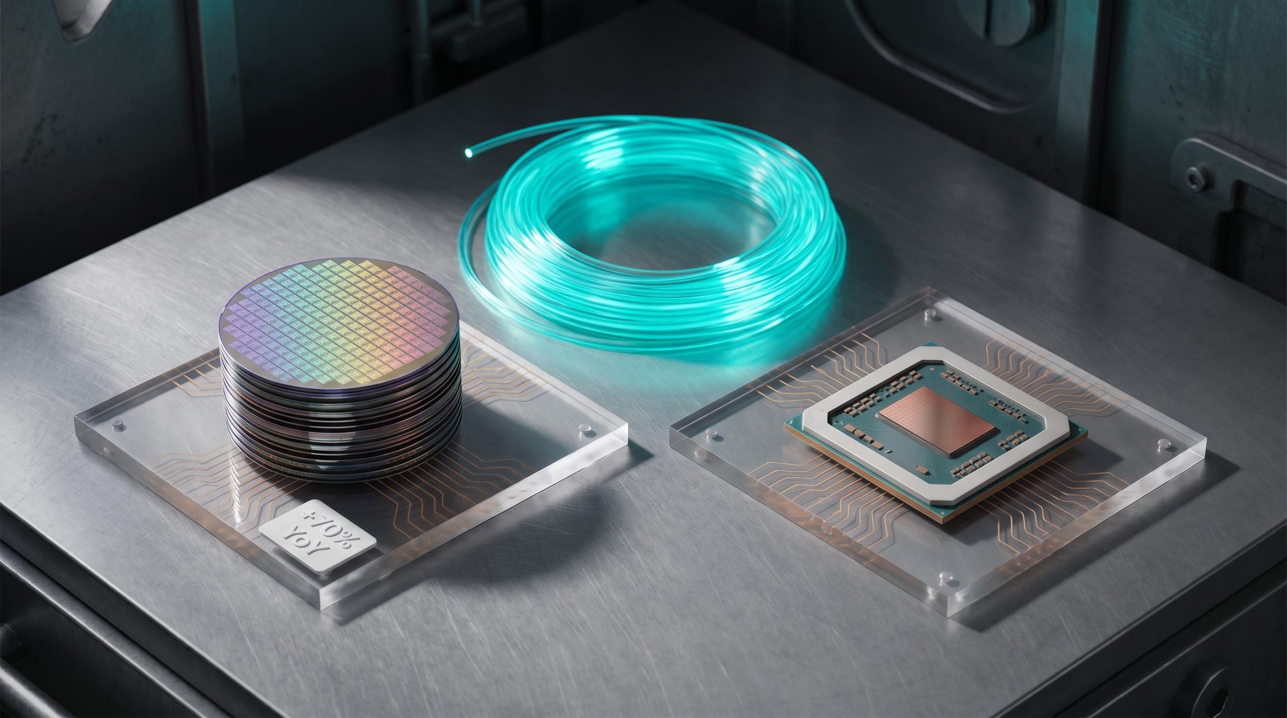 HBM wafer stack, fibre-optic coil, and CPU die arranged for analysis as overlooked AI hardware stocks surge