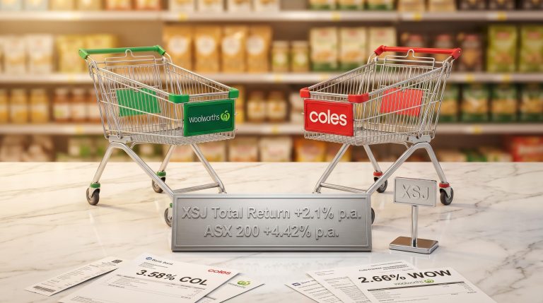 Woolworths and Coles trolleys beside XSJ return data plaque showing consumer staples ASX yield figures