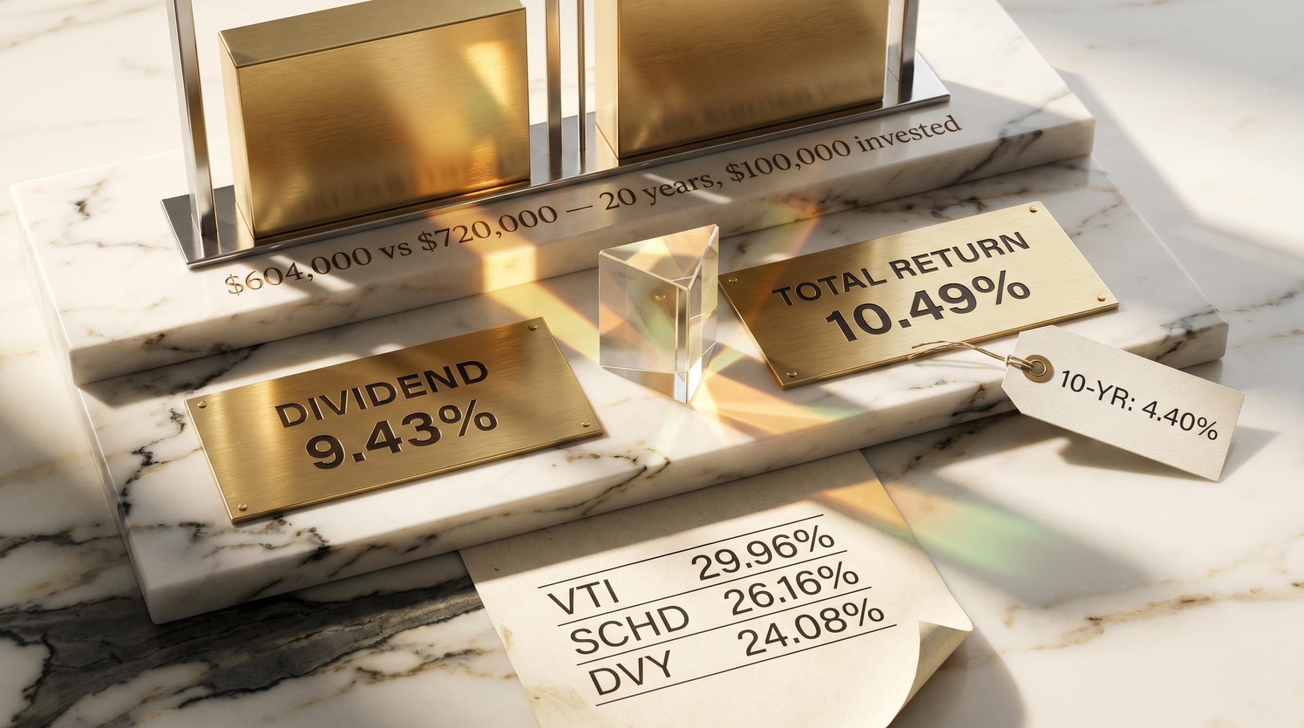 Brass plaques showing 9.43% dividend vs 10.49% total return with VTI, SCHD, DVY performance data on marble